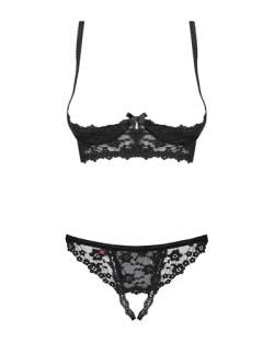 Obsessive. Frauen Dessous Spitzen Reizwäsche Set aus Unterbrust BH mit gepolsterten Cups und ouvert String in Schwarz teiltransparent Schleifen Schwarz teiltransparent Größe: L/XL von Obsessive