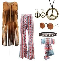 7 Stück Hippie Kostüm Damen Set, 60er 70er Jahre Bekleidung Damen mit Braun Fransenweste Schlaghose Damen Accessoires, Damen Disco Outfit Hippie Kleidung Damen Faschingskostüme für Karneval Party（S） von Occzin