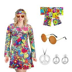 Damen 60er 70er Jahre Bekleidung mit Hippie Kleid Hippie Accessoires, 70er Mode Flower Power Kleidung Disco Outfit Kostüm Damen Hippie Bolero Karneval Faschingskostüme Mädchen für Karneval Party（XL） von Occzin