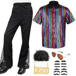 Herren 70er Retro Kostüm 17 Stück Disco Herren Kostüm Set, Herren Hippie 70er Jahre Kurzärmelige Hemd und Schlaghose mit Perücke Sonnenbrille Schnurrbart DISCO zeichen Kettenring Disco-Zubehör (M) von Occzin