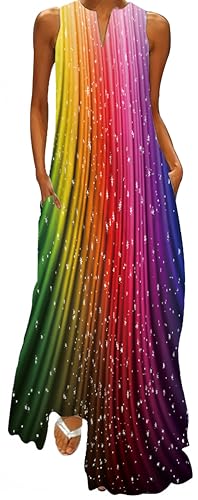 Ocean Plus Damen Ärmelloser Langer Rock V-Ausschnitt Bedrucktes Blumenkleid Ärmelloses Maxikleid mit V-Ausschnitt (S, Regenbogenfarbe) von Ocean Plus