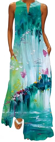 Ocean Plus Damen Ärmelloser Langer Rock V-Ausschnitt Bedrucktes Blumenkleid Ärmelloses Maxikleid mit V-Ausschnitt (XXL, Aquarelllotus) von Ocean Plus