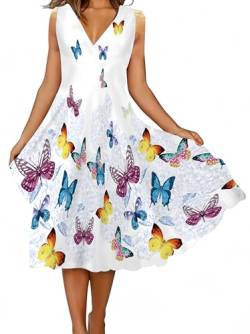 Ocean Plus Damen Ärmelloses Kleid Casual Blumendruck Schaukelkleid Bohemian Strandkleid (M, Bunte Schmetterlinge) von Ocean Plus