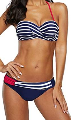 Ocean Plus Damen Bandeau Padded Bikini-Set Trägerlose Mehrfarbig Streifen Bademode Push Up Neckholder Strandmode (S (EU 34-36), Dunkelblaue Streifen) von Ocean Plus