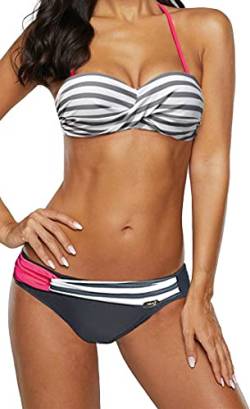 Ocean Plus Damen Bandeau Padded Bikini-Set Trägerlose Mehrfarbig Streifen Bademode Push Up Neckholder Strandmode (XXL (EU 42-44), Graue Streifen) von Ocean Plus