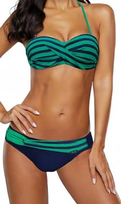 Ocean Plus Damen Bandeau Padded Bikini-Set Trägerlose Mehrfarbig Streifen Bademode Push Up Neckholder Strandmode (XXL (EU 42-44), Grüne Streifen) von Ocean Plus