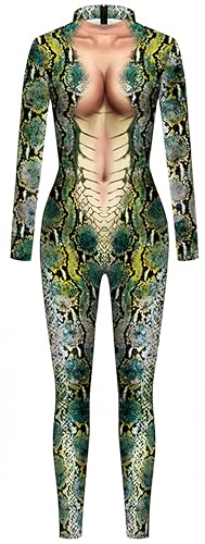 Ocean Plus Damen Bunter Skelettdruck Halloween Jumpsuit Langarm Bodysuit Wehnachten Overall Bühnenkostüm (L, Grüne Python) von Ocean Plus