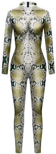 Ocean Plus Damen Bunter Skelettdruck Halloween Jumpsuit Langarm Bodysuit Wehnachten Overall Bühnenkostüm (M, Schlange) von Ocean Plus