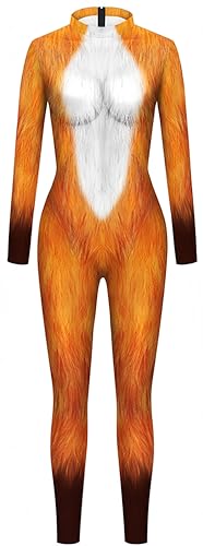 Ocean Plus Damen Bunter Skelettdruck Halloween Jumpsuit Langarm Bodysuit Wehnachten Overall Bühnenkostüm (S, Fuchs) von Ocean Plus