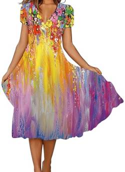 Ocean Plus Damen Casual Kurzärmeliges Kleid mit V-Ausschnitt und Großem Saum Blumen Knielang Bedruckter Rock (L, Farbige Ölgemälde Blumen) von Ocean Plus