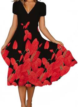 Ocean Plus Damen Casual Kurzärmeliges Kleid mit V-Ausschnitt und Großem Saum Blumen Knielang Bedruckter Rock (M, Rote Blüten) von Ocean Plus