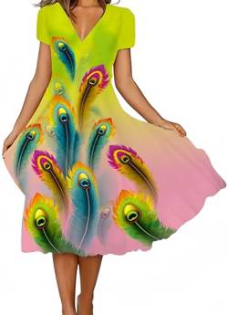 Ocean Plus Damen Casual Kurzärmeliges Kleid mit V-Ausschnitt und Großem Saum Blumen Knielang Bedruckter Rock (S, Hellgrünes Pfauhaar) von Ocean Plus