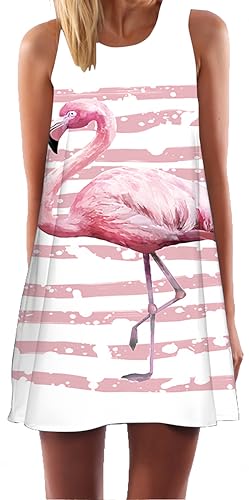 Ocean Plus Damen Casual Top Freizeit Flamingo Blätter Sommer Ärmellos Kleider Ohne Arm Westenkleid Partykleid Sommerkleid Minikleid Strandkleid (L (EU 38-40), Flamingo Rosa Streifen) von Ocean Plus