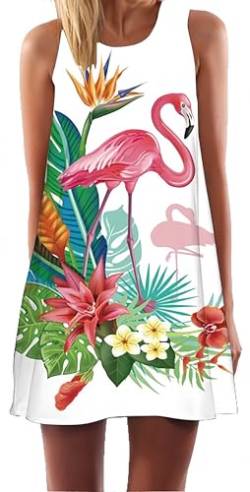 Ocean Plus Damen Casual Top Freizeit Flamingo Blätter Sommer Ärmellos Kleider Ohne Arm Westenkleid Partykleid Sommerkleid Minikleid Strandkleid (L (EU 38-40), Pflanzen und Flamingos) von Ocean Plus