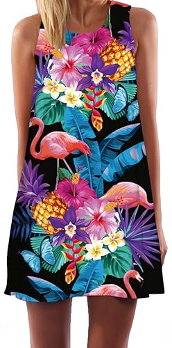 Ocean Plus Damen Casual Top Freizeit Flamingo Blätter Sommer Ärmellos Kleider Ohne Arm Westenkleid Partykleid Sommerkleid Minikleid Strandkleid (M (EU 36-38), Flamingo Schmetterling auf Schwarzem) von Ocean Plus