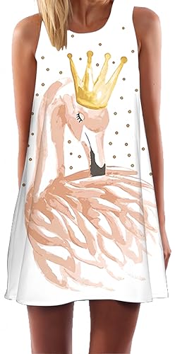 Ocean Plus Damen Casual Top Freizeit Flamingo Blätter Sommer Ärmellos Kleider Ohne Arm Westenkleid Partykleid Sommerkleid Minikleid Strandkleid (S (EU 34-36), Flamingo Krone) von Ocean Plus