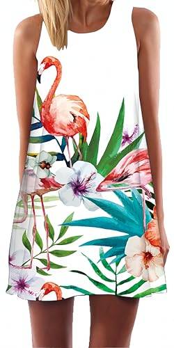 Ocean Plus Damen Casual Top Freizeit Flamingo Blätter Sommer Ärmellos Kleider Ohne Arm Westenkleid Partykleid Sommerkleid Minikleid Strandkleid (S (EU 34-36), Grüne Blätter und Flamingos) von Ocean Plus