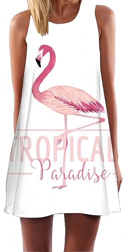 Ocean Plus Damen Casual Top Freizeit Flamingo Blätter Sommer Ärmellos Kleider Ohne Arm Westenkleid Partykleid Sommerkleid Minikleid Strandkleid (S (EU 34-36), Tropischer Flamingo) von Ocean Plus