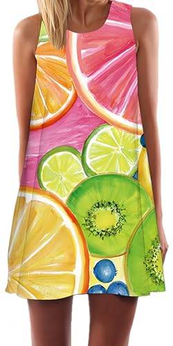 Ocean Plus Damen Casual Top Freizeit Flamingo Blätter Sommer Ärmellos Kleider Ohne Arm Westenkleid Partykleid Sommerkleid Minikleid Strandkleid (XL (EU 40-42), Obst) von Ocean Plus