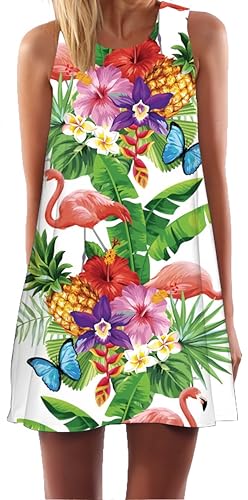 Ocean Plus Damen Casual Top Freizeit Flamingo Blätter Sommer Ärmellos Kleider Ohne Arm Westenkleid Partykleid Sommerkleid Minikleid Strandkleid (XXL (EU 42-44), Flamingo Schmetterling auf Weiß) von Ocean Plus