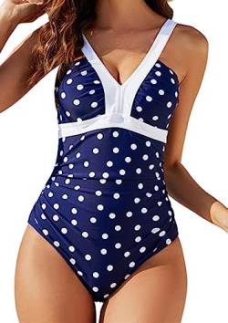 Ocean Plus Damen Einteiliger mit Tiefem V-Ausschnitt Figurschmeichelnder Integrierter Neckholder-Badeanzug (XXL (EU 42-44), Blau weiße Polka Punkte) von Ocean Plus