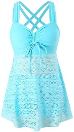 Ocean Plus Damen Elagant Tankini Top Spitze Rückenfreier Zweiteilig Badeanzug zum Abnehmen in Einfarbiger mit Brustpolster ohne Stahlstütze (M (EU 36-38), Himmelblau) von Ocean Plus