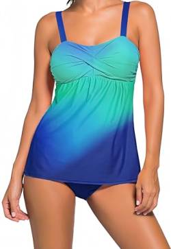 Ocean Plus Damen Eleganter Figurumspielender Tankini mit Slip Bauchweg Bügellos Unifarben Zweiteilig Bademode mit Verstellbaren Träger (3XL (EU 44-46), Blau) von Ocean Plus