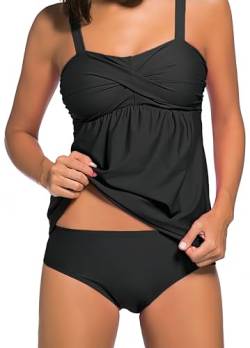 Ocean Plus Damen Eleganter Figurumspielender Tankini mit Slip Bauchweg Bügellos Unifarben Zweiteilig Bademode mit Verstellbaren Träger (S (EU 34-36), Schwarz) von Ocean Plus