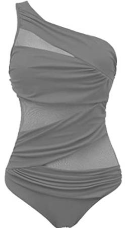 Ocean Plus Damen Figurformender Netzartiger Asymmetrie Badeanzug Unifarben Mesh Hochgeschlossen Netz One Piece Übergröße Bademode Große Größen (M (EU 36-38), Asymmetrie Grau) von Ocean Plus