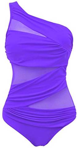 Ocean Plus Damen Figurformender Netzartiger Asymmetrie Badeanzug Unifarben Mesh Hochgeschlossen Netz One Piece Übergröße Bademode Große Größen (XXL (EU 42-44), Asymmetrie Violett) von Ocean Plus