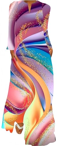 Ocean Plus Damen Frühling Sommer Langer Rock V-Ausschnitt Langärmelig Taschendruck Lockeres Kleid (3XL, Farbige Wellen) von Ocean Plus