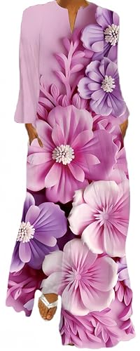 Ocean Plus Damen Frühling Sommer Langer Rock V-Ausschnitt Langärmelig Taschendruck Lockeres Kleid (M, Rosa Blüten) von Ocean Plus