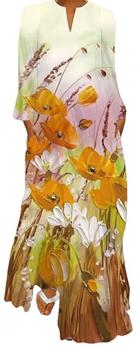 Ocean Plus Damen Frühlings- und Sommerkleid mit Langem Rock V-Ausschnitt Langen Ärmeln mit Taschen und Lockerem Blumendruck (3XL, Ölgemälde mit gelben Blumen) von Ocean Plus
