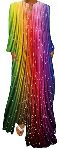 Ocean Plus Damen Frühlings- und Sommerkleid mit Langem Rock V-Ausschnitt Langen Ärmeln mit Taschen und Lockerem Blumendruck (3XL, Regenbogen Farben) von Ocean Plus