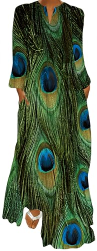 Ocean Plus Damen Frühlings- und Sommerkleid mit Langem Rock V-Ausschnitt Langen Ärmeln mit Taschen und Lockerem Blumendruck (4XL, Pfau) von Ocean Plus