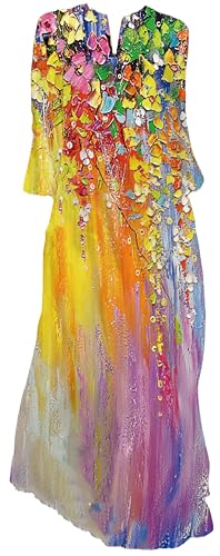 Ocean Plus Damen Frühlings- und Sommerkleid mit Langem Rock V-Ausschnitt Langen Ärmeln mit Taschen und Lockerem Blumendruck (4XL, Regenbogen-Blumen) von Ocean Plus