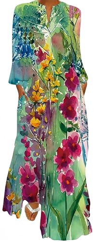 Ocean Plus Damen Frühlings- und Sommerkleid mit Langem Rock V-Ausschnitt Langen Ärmeln mit Taschen und Lockerem Blumendruck (L, Aquarellmalerei Blumen) von Ocean Plus