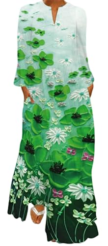 Ocean Plus Damen Frühlings- und Sommerkleid mit Langem Rock V-Ausschnitt Langen Ärmeln mit Taschen und Lockerem Blumendruck (XL, Ölgemälde von grünen Blumen) von Ocean Plus