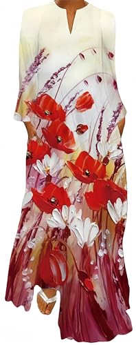 Ocean Plus Damen Frühlings- und Sommerkleid mit Langem Rock V-Ausschnitt Langen Ärmeln mit Taschen und Lockerem Blumendruck (XL, Rotblumen-Ölgemälde) von Ocean Plus