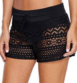 Ocean Plus Damen Häkel Spitze Elegante Badeshorts mit Innenslip Schwimmshorts Bikinihose Übergröße Hotpants Boxer Schwimmshorts Beachshorts (3XL (EU 44-46), Black) von Ocean Plus