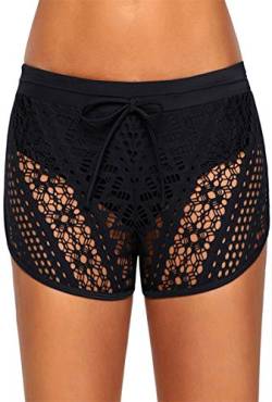 Ocean Plus Damen Häkel Spitze Elegante Badeshorts mit Innenslip Schwimmshorts Bikinihose Übergröße Hotpants Boxer Schwimmshorts Beachshorts (M (EU 36-38), A-Schwarz) von Ocean Plus