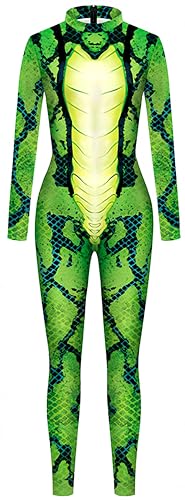 Ocean Plus Damen Halloween Bunter Skelettdruck Langärmliger Body Karneval Einteiliges Kostüm Bodysuit mit langen Ärmeln (L, Grüne Schlange) von Ocean Plus