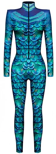 Ocean Plus Damen Halloween Skelett Digitaldruck Overall Schmal Geschnittene Langärmlige Einteilige Strumpfhose Jumpsuit (L, Lila blaues Pfaumuster) von Ocean Plus