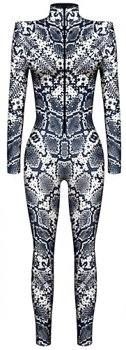 Ocean Plus Damen Halloween Skelett Digitaldruck Overall Schmal Geschnittene Langärmlige Einteilige Strumpfhose Jumpsuit (L, Schlangenmuster in Schwarz und Weiß) von Ocean Plus