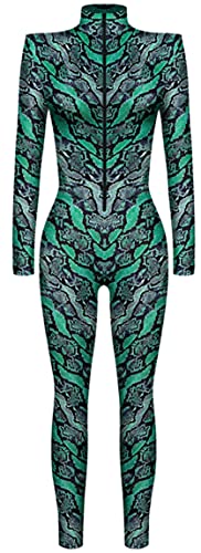 Ocean Plus Damen Halloween Skelett Digitaldruck Overall Schmal Geschnittene Langärmlige Einteilige Strumpfhose Jumpsuit (L, Schwarzgrünes Schlangenmuster) von Ocean Plus