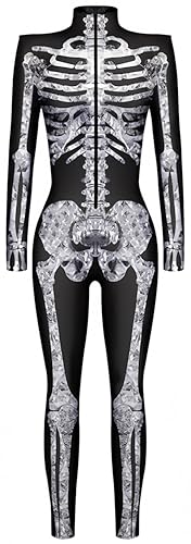 Ocean Plus Damen Halloween Skelett Digitaldruck Overall Schmal Geschnittene Langärmlige Einteilige Strumpfhose Jumpsuit (L, Weißes Skelett) von Ocean Plus