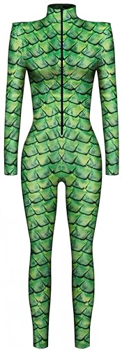 Ocean Plus Damen Halloween Skelett Digitaldruck Overall Schmal Geschnittene Langärmlige Einteilige Strumpfhose Jumpsuit (M, Grüne Schuppen) von Ocean Plus