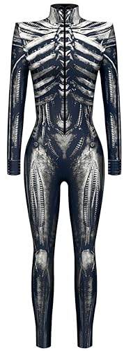 Ocean Plus Damen Halloween Skelett Digitaldruck Overall Schmal Geschnittene Langärmlige Einteilige Strumpfhose Jumpsuit (M, Skelett-Lederjacke) von Ocean Plus