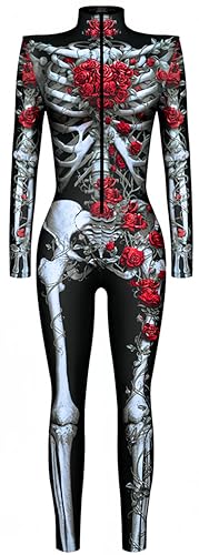 Ocean Plus Damen Halloween Skelett Digitaldruck Overall Schmal Geschnittene Langärmlige Einteilige Strumpfhose Jumpsuit (M, Skelettrose) von Ocean Plus