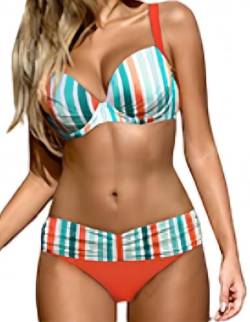 Ocean Plus Damen Regenbogen Gestreiftes Dreieck Bikini Set Push Up mit Bügel Zweiteilig Tankini Bademode (S (EU 34-36), Orange Streifen) von Ocean Plus